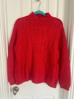 LOFT Red Cable-Knit Mock Neck Sweater